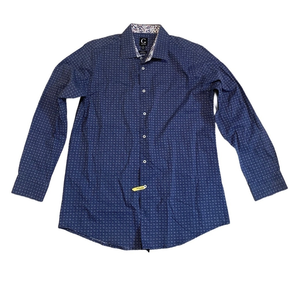 Grafton Men's Slim Fit Dress Shirt - Blue Micro Dot with Paisley Contrast- L